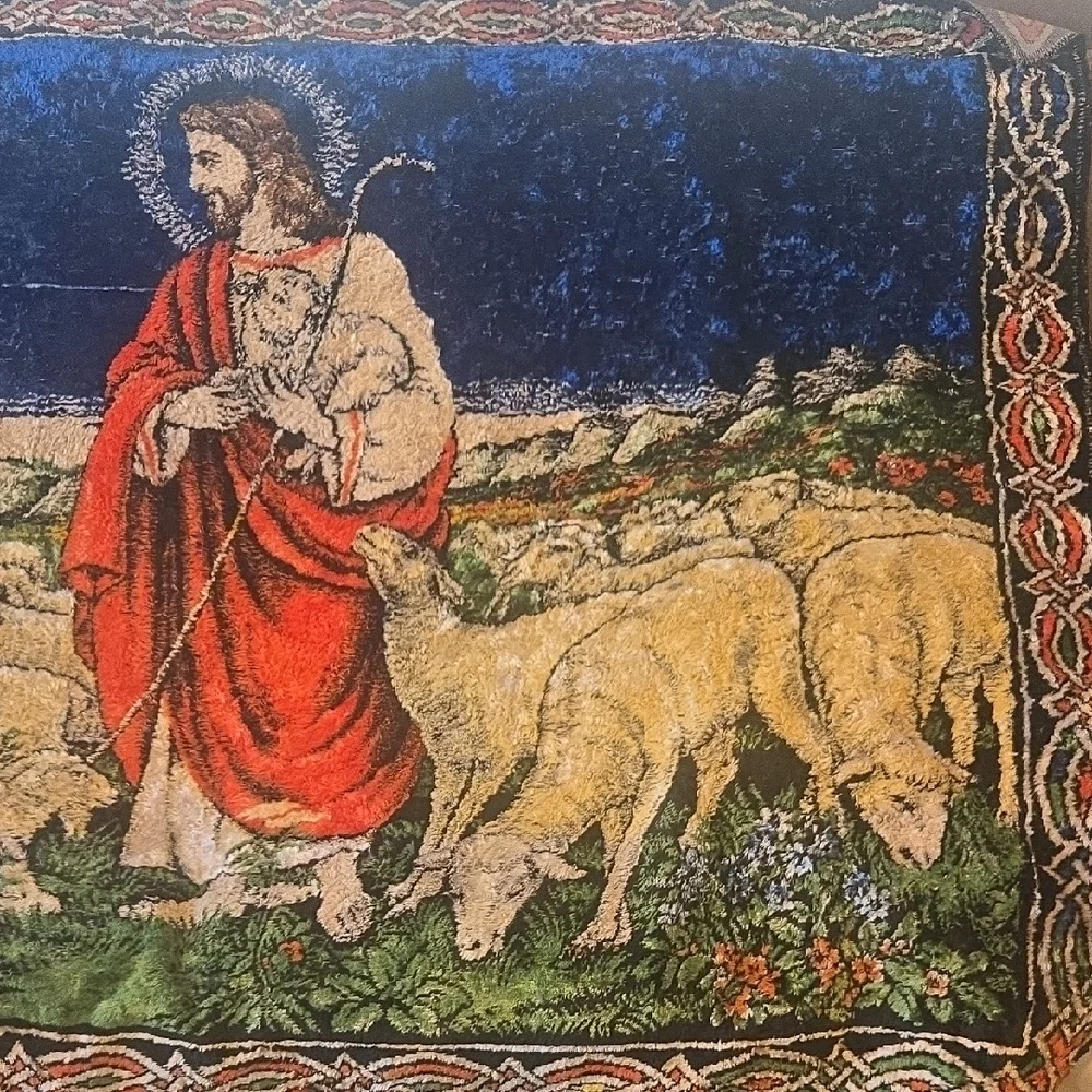 Religious Tapestry Wall Art with Red and Blue Accents